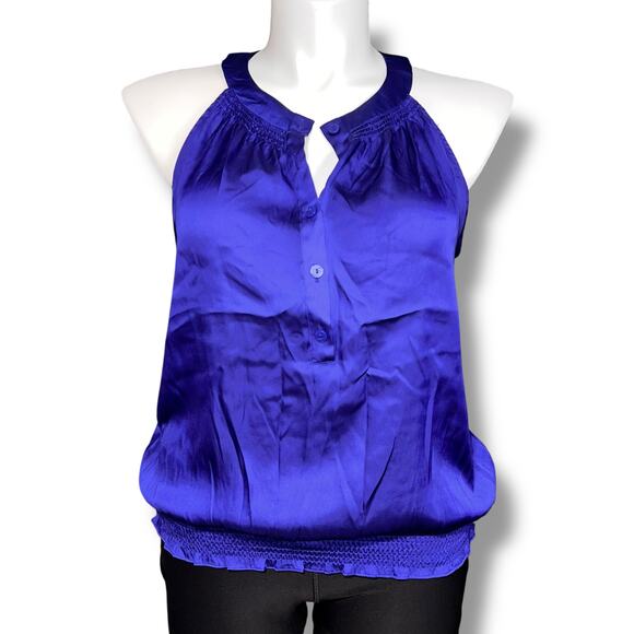 ana Womens Blouse Shirt Top Satin Halter Top Smocked Bubble Hem Blue Purple Lar - Picture 1 of 8